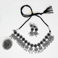 Oxidised Floral Choker Necklace Set with Earrings & Brooch