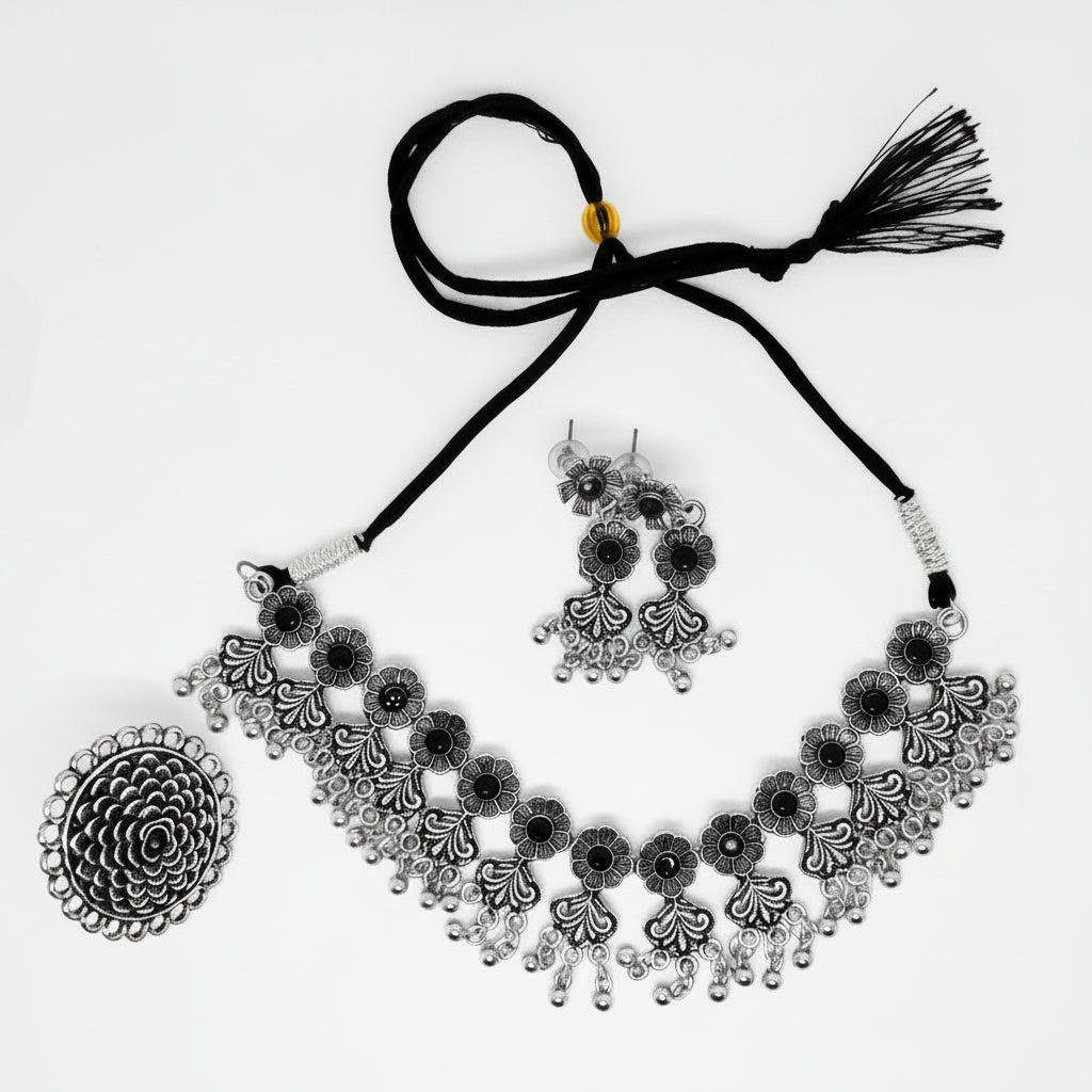 Oxidised Floral Choker Necklace Set with Earrings & Brooch