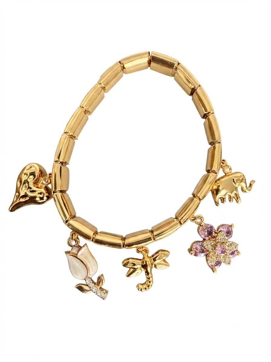 Anti-Tarnish Gold-Tone Segmented Bracelet with Floral & Animal Charms