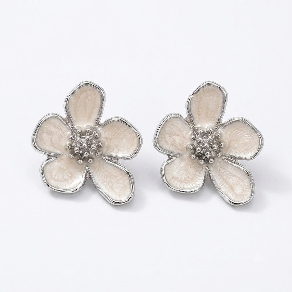 White Enamel Flower Stud Earrings