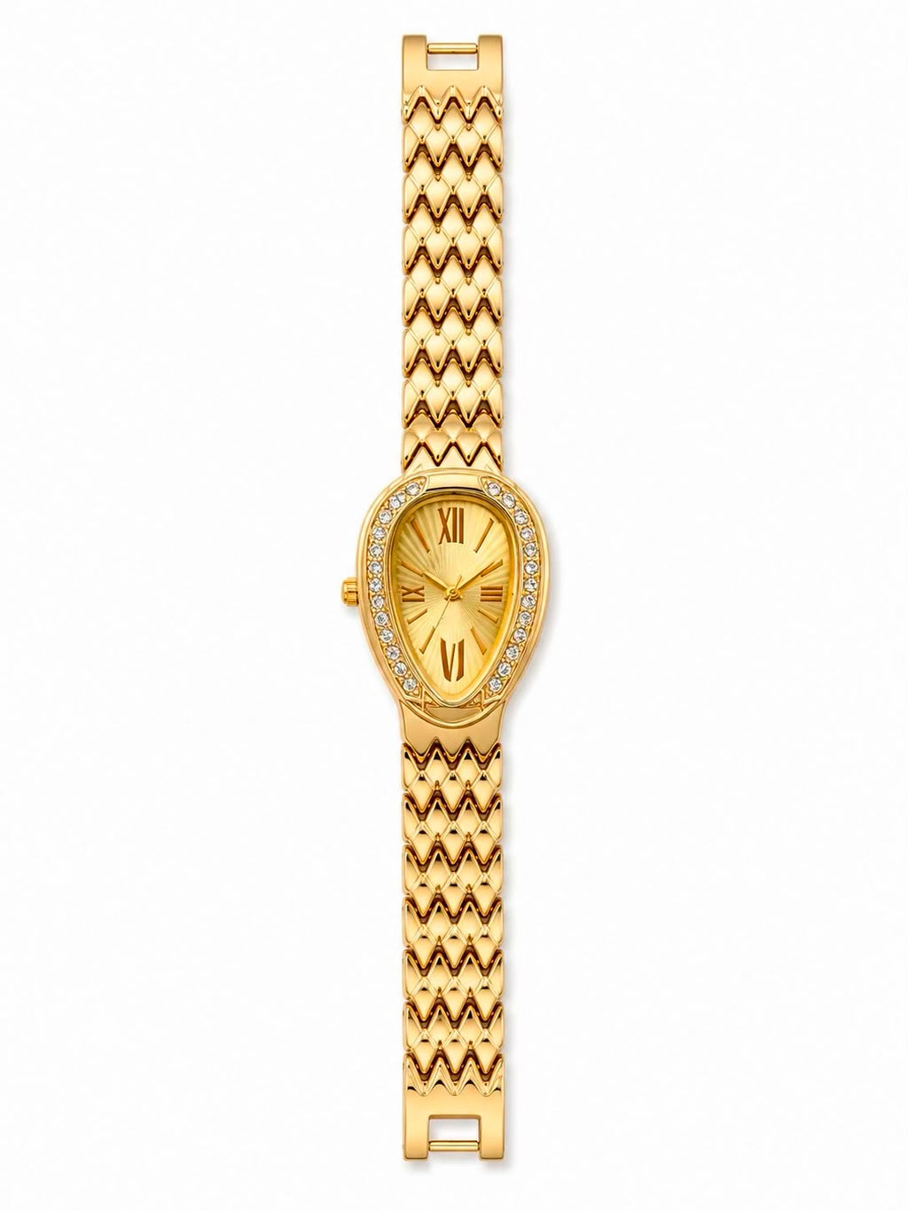 Gold Teardrop Dial Women Watch – Crystal Bezel Chevron Bracelet | BlindBling