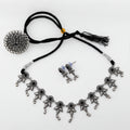 Oxidised Lotus Choker Necklace Set with Black Stone & Earrings