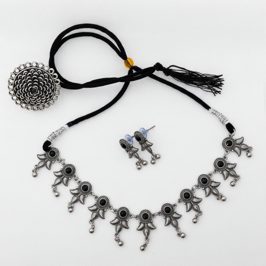 Oxidised Lotus Choker Necklace Set with Black Stone & Earrings