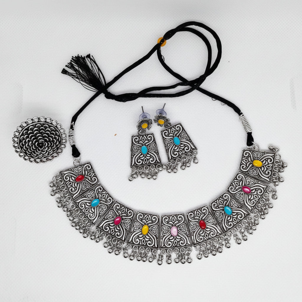 Oxidised Multicolour Stone Panel Choker Necklace Set with Earrings