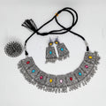 Oxidised Multicolour Stone Panel Choker Necklace Set with Earrings