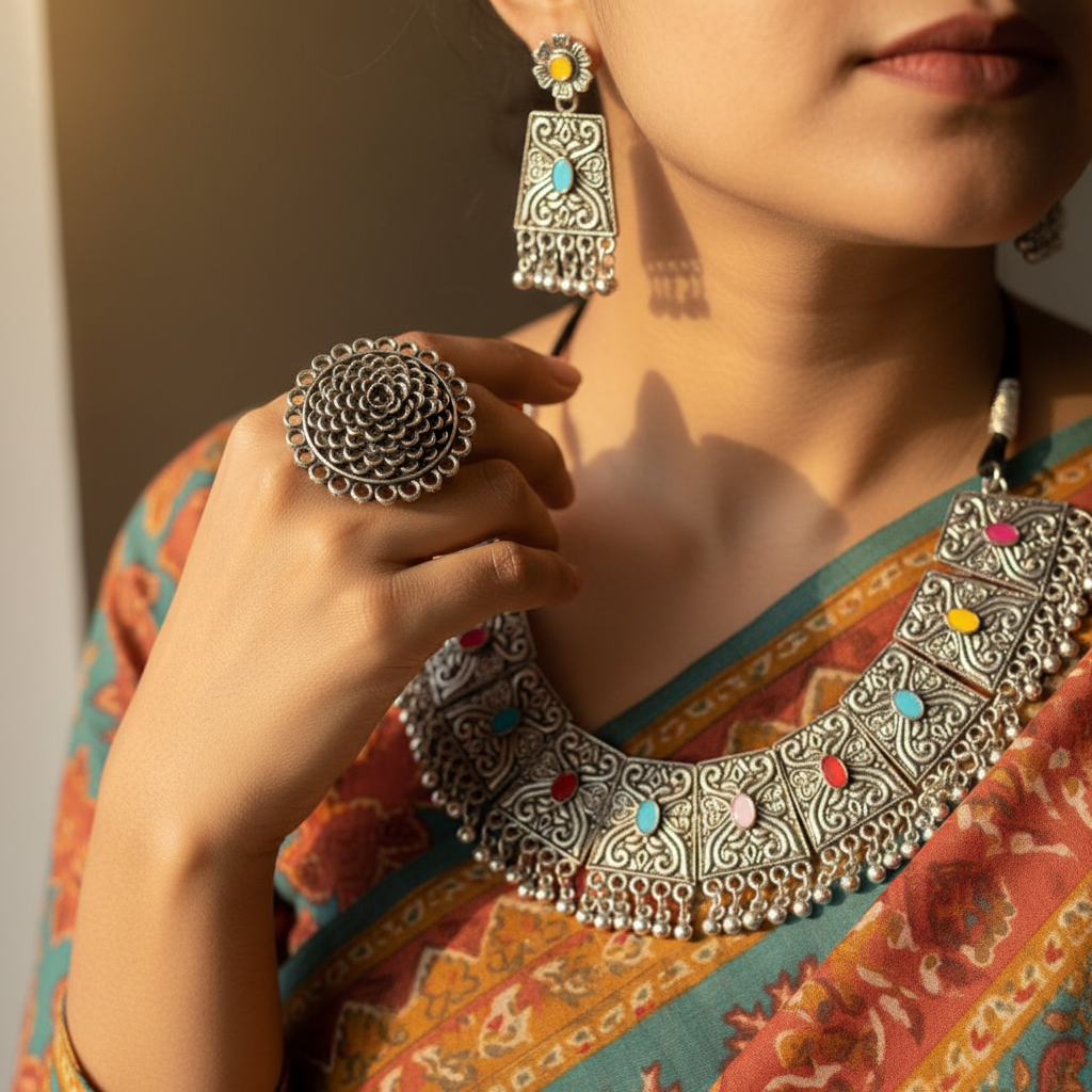 Oxidised Multicolour Stone Panel Choker Necklace Set with Earrings