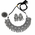 Oxidised Silver Panel Choker Necklace Set with Chandelier Earrings