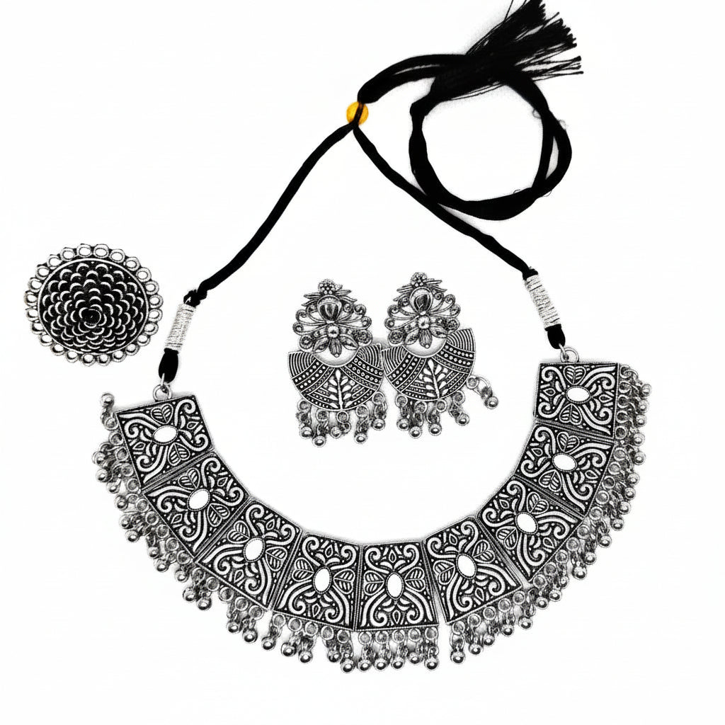 Oxidised Silver Panel Choker Necklace Set with Chandelier Earrings