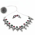 Oxidised Red & Green Stone Chand Link Choker Necklace Set with Earrings
