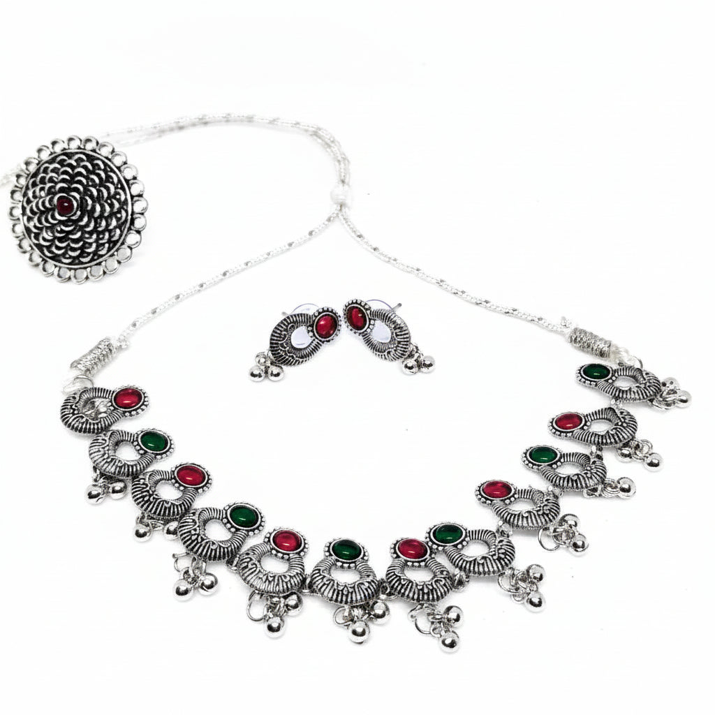 Oxidised Red & Green Stone Chand Link Choker Necklace Set with Earrings