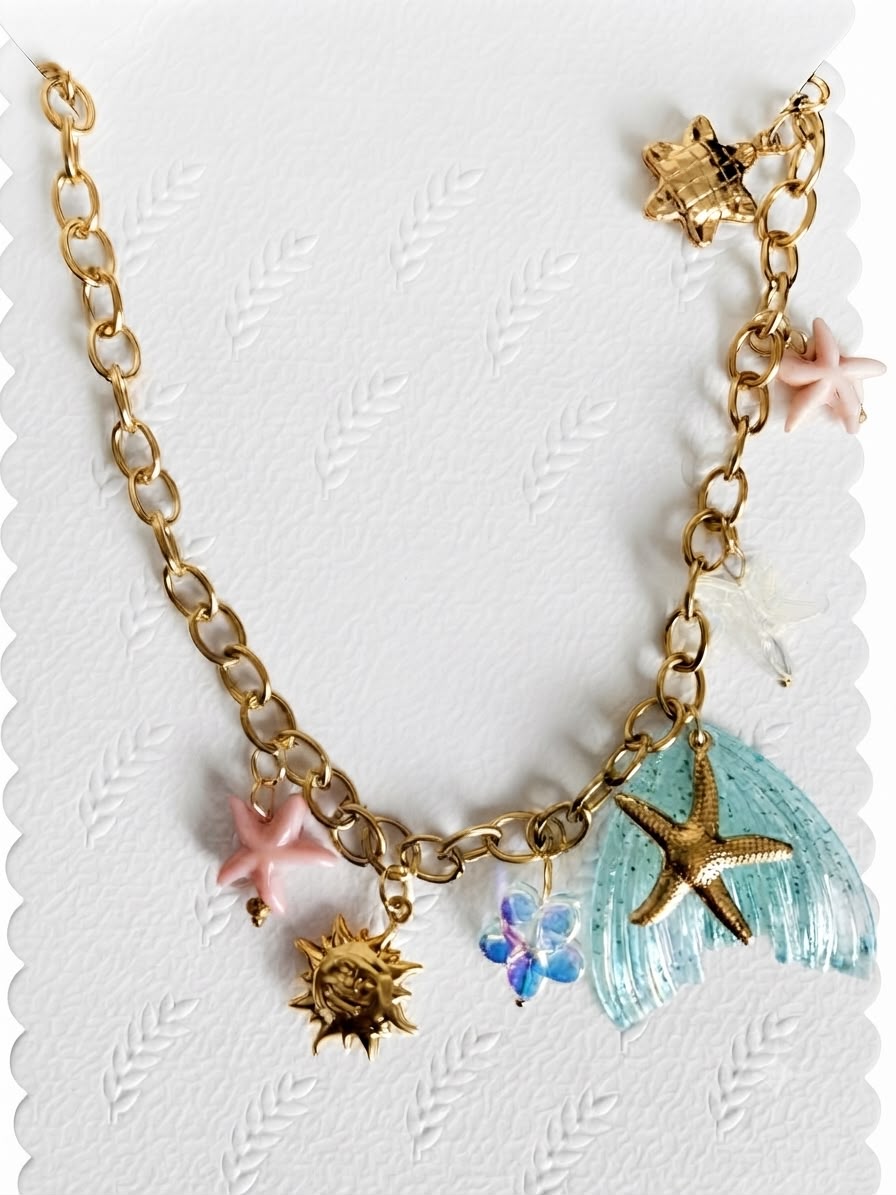 Mermaid Tail & Starfish Gold-Tone Charm Necklace