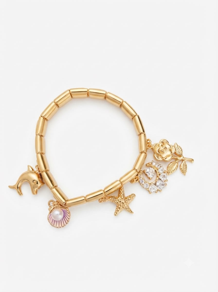 Anti-Tarnish Gold-Tone Dolphin, Shell & Rose Charm Bracelet