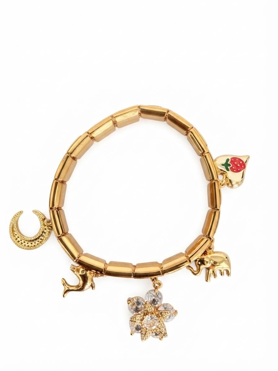 Anti-Tarnish Gold-Tone Crescent Moon, Dolphin & Elephant Charm Bracelet