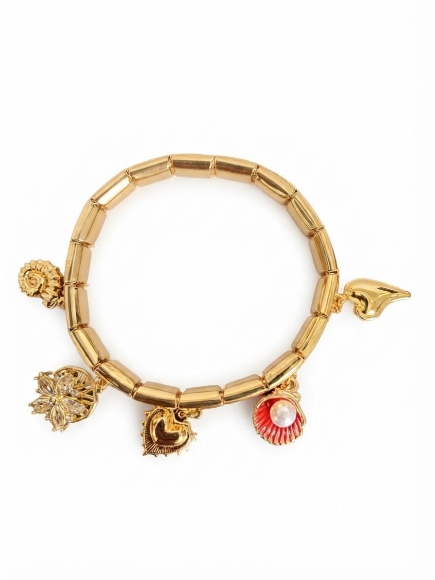 Anti-Tarnish Gold-Tone Heart, Flower & Red Shell Charm Bracelet